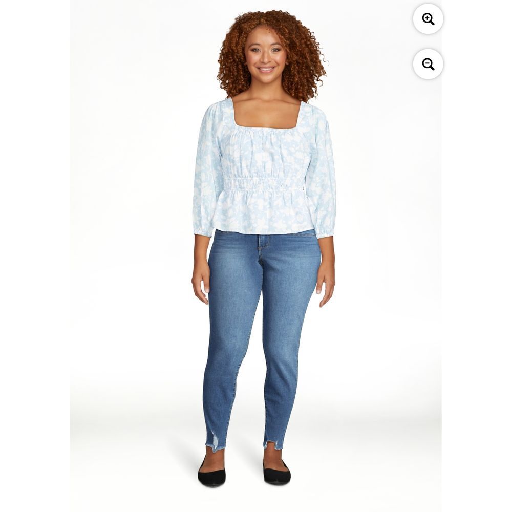 Elegant Light‎ Blue Floral Square Neck Puff Sleeve Blouse Top